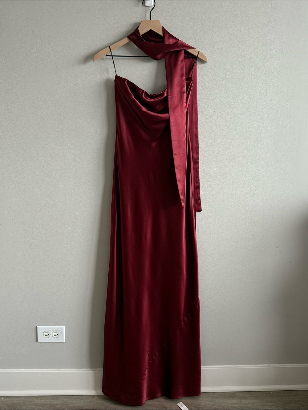 Reformation Oren burgundy silk dress strapless maxi scarf wedding guest formal